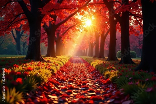 Sun-dappled path, crimson leaves, golden hour glow, trees, outdoor