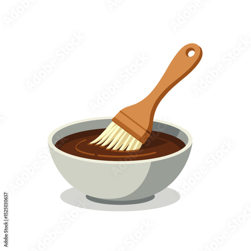 Illustration of a wooden basting brush dipped in a bowl of dark brown sauce, perfect for cooking and grilling