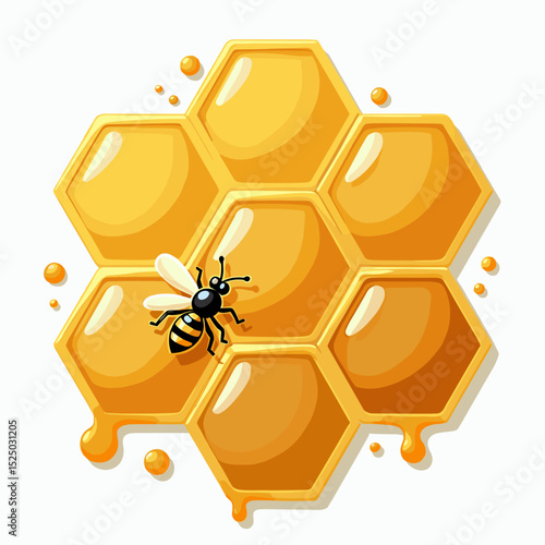 Illustration of a Honeycomb with Dripping Honey and a Bee, Representing Natural Sweetness and Apiculture