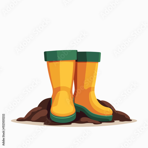 Cartoon Illustration of Yellow Rubber Rain Boots Standing in a Pile of Mud on a White Background