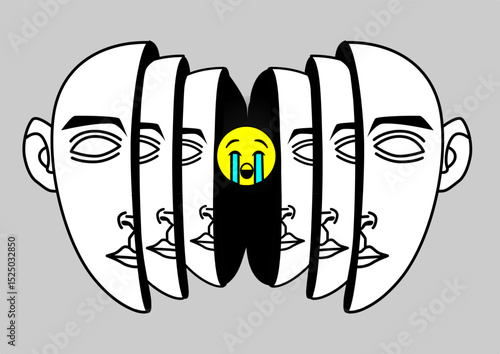 Illustration of a mask with crying emoji inside