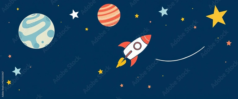 Whimsical hand-drawn rocket ship soaring past planets and stars on a dark blue background, spaceship, celestial Whimsical hand-drawn rocket ship soaring past planets and stars on a dark blue background, spaceship, celestial