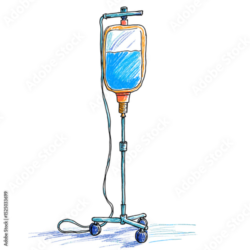 IV drip stand with fluid in a hospital setting - Concept of Naive drawings made by children - nurses and treatment in hospital  
