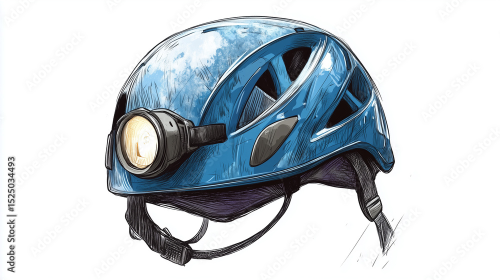 Climbing helmet with headlamp in blue sketch style Climbing helmet with headlamp in blue sketch style