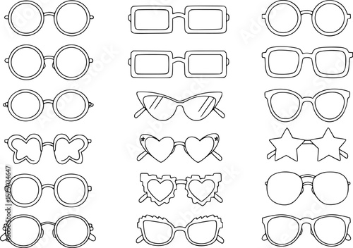 Line Art Eyeglasses Vector Set – Cartoon Frames & Novelty Styles