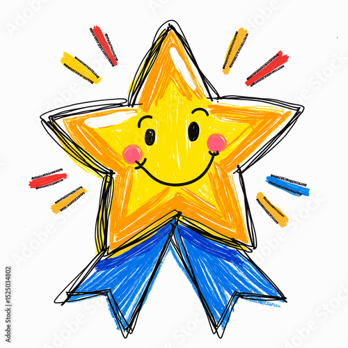 Smiling star with blue ribbon and colorful rays design concept of naive drawings made by children - nurses and treatment in hospital  
