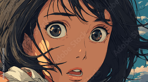 驚きの表情を見せる女性の顔のアップ、ベクターイラスト