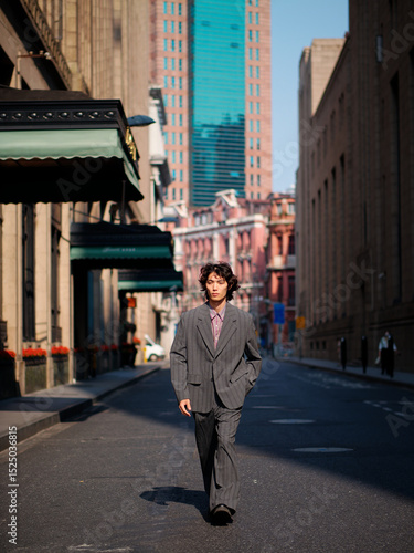 Portrait of handsome Chinese young man wearing gray suit walking in the street, young guy with black curly hair with urban background. Male fashion, cool Asian young man lifestyle.