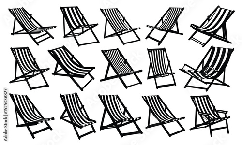 A collection of 15 beach chair silhouettes in various styles for summer and outdoor relaxation themes