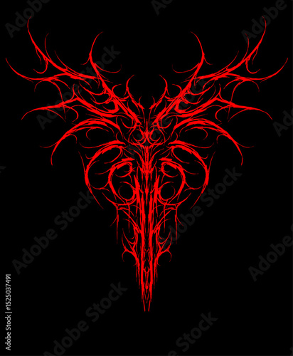 Neo tribal vector design of a demonic deer skull with sharp, aggressive flame strokes. Perfect for dark fashion, tattoos, band merch, or alternative graphic art 