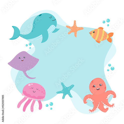 banner poster with marine life animals isolated on white background