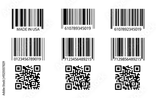 A Collection of Six Black and White Barcodes and QR Codes Vector Illustrations