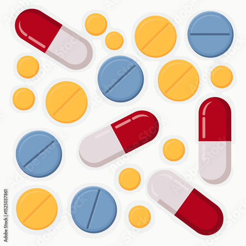 A Flat 2D Illustration of Various Pharmaceutical Pills and Capsules