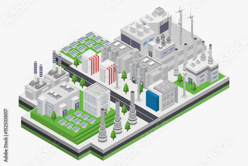 Alternative energy factory with wind and solar energy isometric