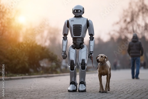 android robot walking a dog in an urban park
