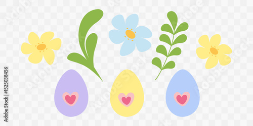 Colorful Easter Eggs decorated Heart, Flower Buds and Green leaves Ester and Spring Elements Bundle