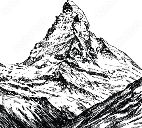 Detailed black and white illustration of the iconic matterhorn mountain peak in switzerland