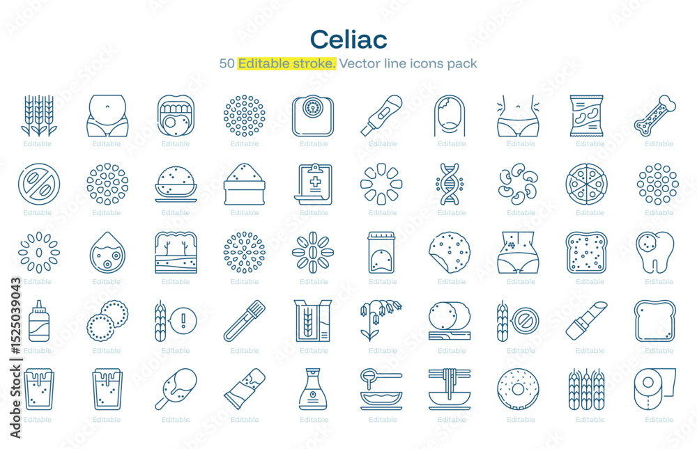 Celiac line icon pack. Celiac Stroke icon set. Editable Stroke icon Celiac line icon pack. Celiac Stroke icon set. Editable Stroke icon