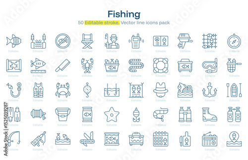 Fishing line icon pack. Fishing Stroke icon set. Editable Stroke icon