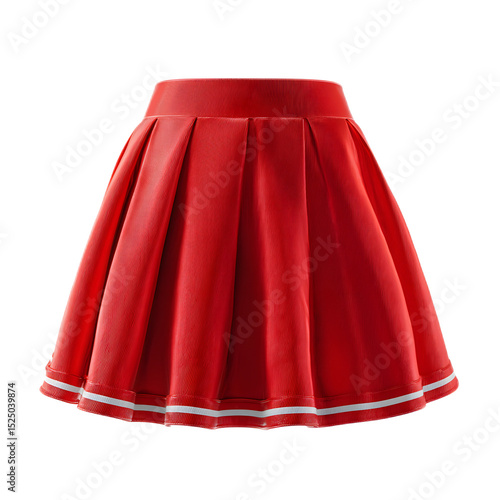 Colorful pleated cheerleader skirt in a vibrant red hue floating mid air against a white background capturing a dynamic energetic movement