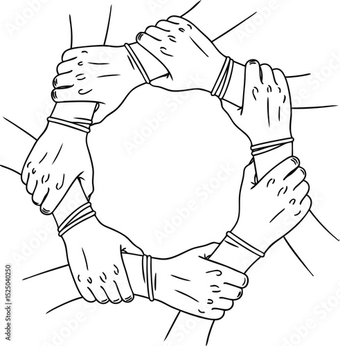 Illustration of a group of hands holding forming a circle symbolizing unity and support