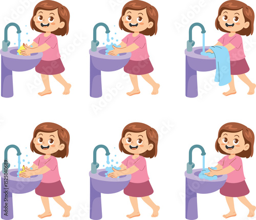 Cute girl washing hands, proper hand hygiene steps, washing hands cartoon, child washing hands at sink, handwashing education, clean hands habit