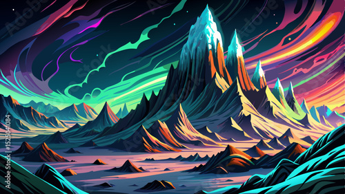 Vector illustration of a mountainous region illuminated by the glowing aurora borealis in the night sky ideal for surreal nature scenes, fantasy, and travel art