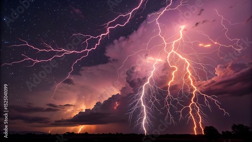 Night Sky: Hyperrealistic, Glowing, Vibrant Pink Lightning with Stars