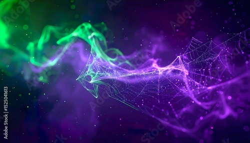 Dark Abstract Halloween Background with Purple Smoke and Glowing Green Particles in High Resolution
