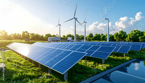 Solar panels and wind turbines in a renewable energy landscape