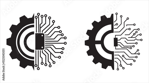  Two Abstract Black and White Icons Representing the Integration of Mechanical Engineering and Digital Technology with Gears and Circuit Boards