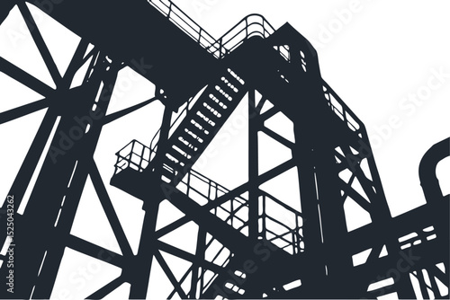 Silhouette of a complex industrial plant, refinery or factory. Upward view of pipes, stairs, and steel framework. Monochrome vector illustration.