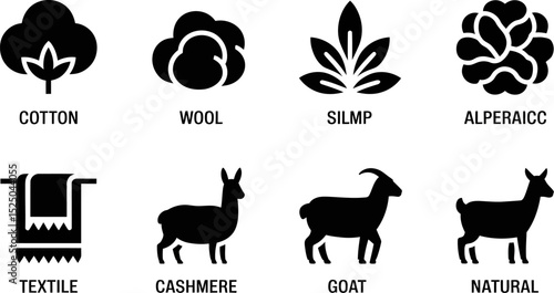 Types of fabric materials cotton wool silmp alperaicc textile cashmere goat natural icons vector graphic editable stock vector illustration