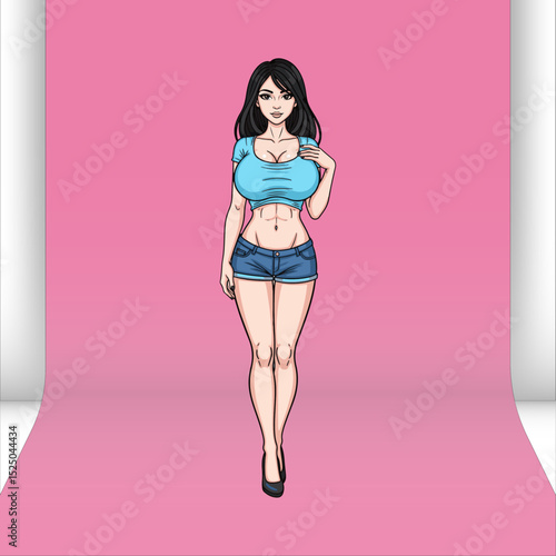 Confident young woman standing against vibrant pink background showcasing fashion
