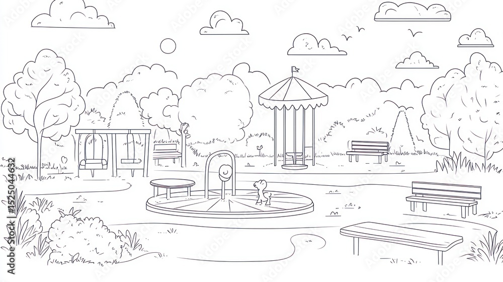 Naklejka premium A simple line drawing of a park scene