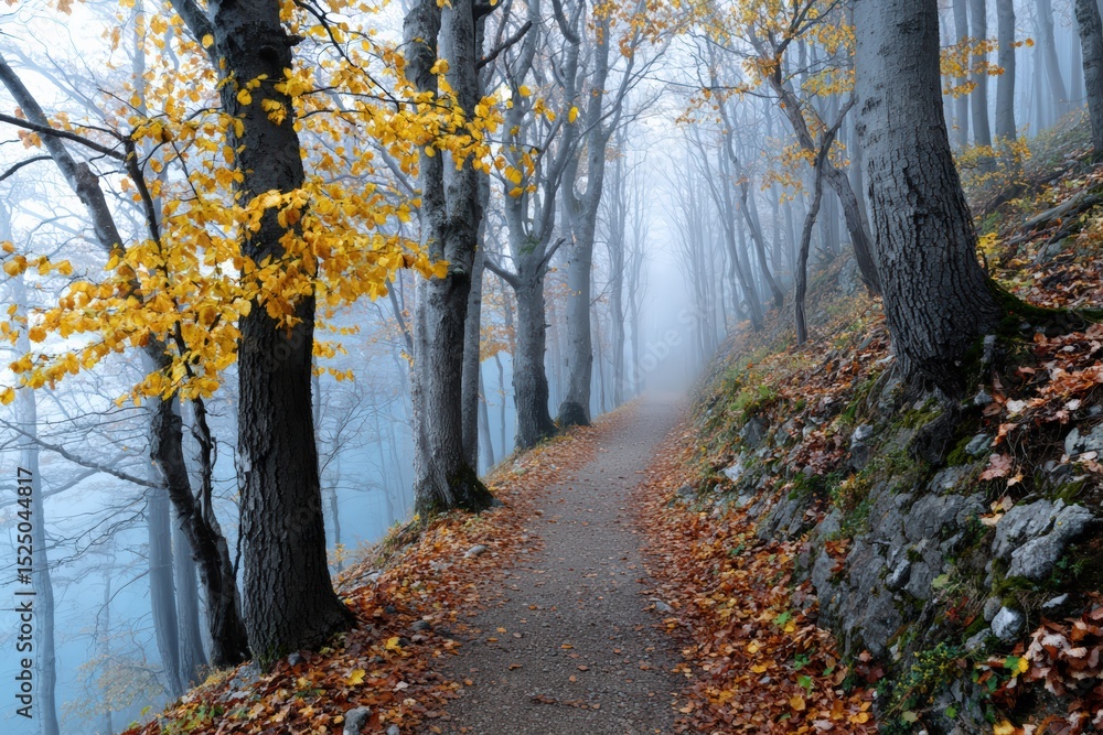 Obraz premium Misty forest path covered in golden autumn leaves Generative AI