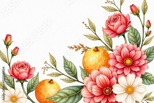 Watercolor autumn bouquet of citruses, chrysanthemums, roses & white flowers , elegant, white