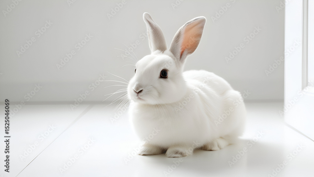 Obraz premium Fluffy white rabbit with bright eyes, displayed against a clean white background for a minimal and pure look.