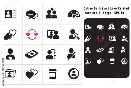 Online Dating and Love Related vector EPS 10 Icons set for social media Print UI UX and web store online dating black color bonding coffee drink couple relationship dating discussion females flat