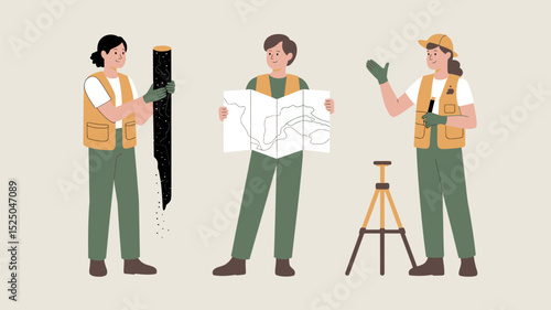 Land surveyors working with map and equipment vector illustration professional surveying team design editable stock vector illustration