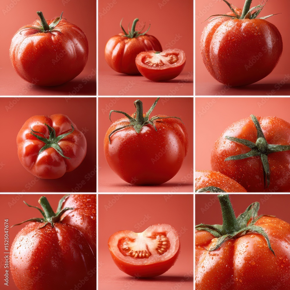 Fototapeta premium Collage of fresh ripe tomatoes on red background