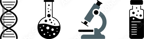 Illustration of dna molecule flask microscope and vial for science and medical research icon set vector editable stock vector illustration