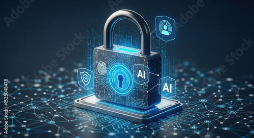 Cybersecurity concept: Futuristic padlock with AI-powered data protection. Fingerprint login, verified identity credentials for secure network access, information safety, and privacy.