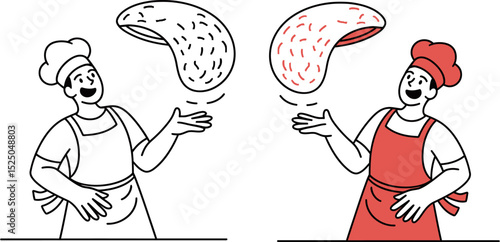 Cartoon pizza maker tossing dough illustration vector design for food blog and restaurant website design editable stock vector illustration