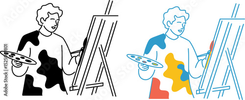 Illustration of artist painting on canvas with easel and palette for creative art projects editable stock vector illustration