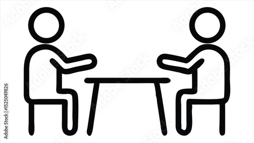 Simple line art illustration of two people sitting at a table isolated on white background
