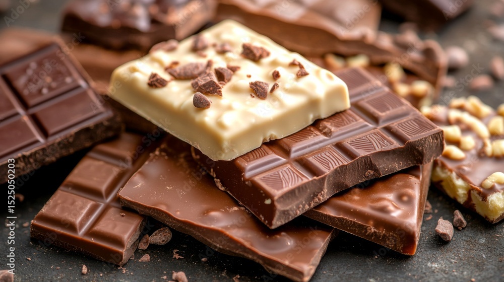 A delightful arrangement of chocolate bars with different flavors and textures, set against a dark background, showcasing the variety and richness of chocolate. A delightful arrangement of chocolate bars with different flavors and textures, set against a dark background, showcasing the variety and richness of chocolate.