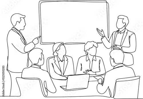 continuous single line drawing of a business meeting with six people, laptop, and whiteboard in a modern office scene