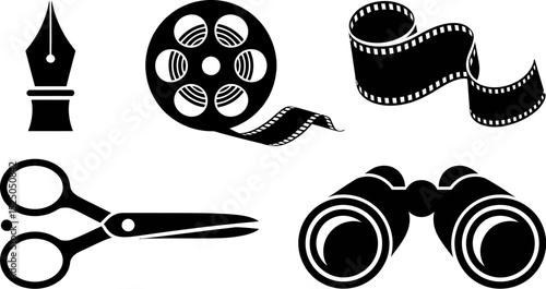 Black and white vector icons of film reel, pen, scissors, and binoculars for creative projects design editable stock vector illustration