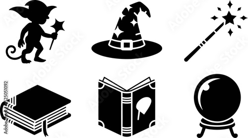 Explore magical vector icons for fantasy designs featuring wizard hat goblin and magic wand illustrations editable stock vector illustration